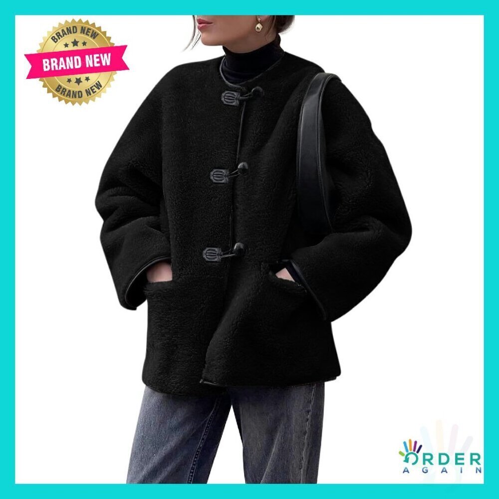 Faux Fur Jacket Cropped Elegant Chic Winter Outerwear Toggle Button Pockets